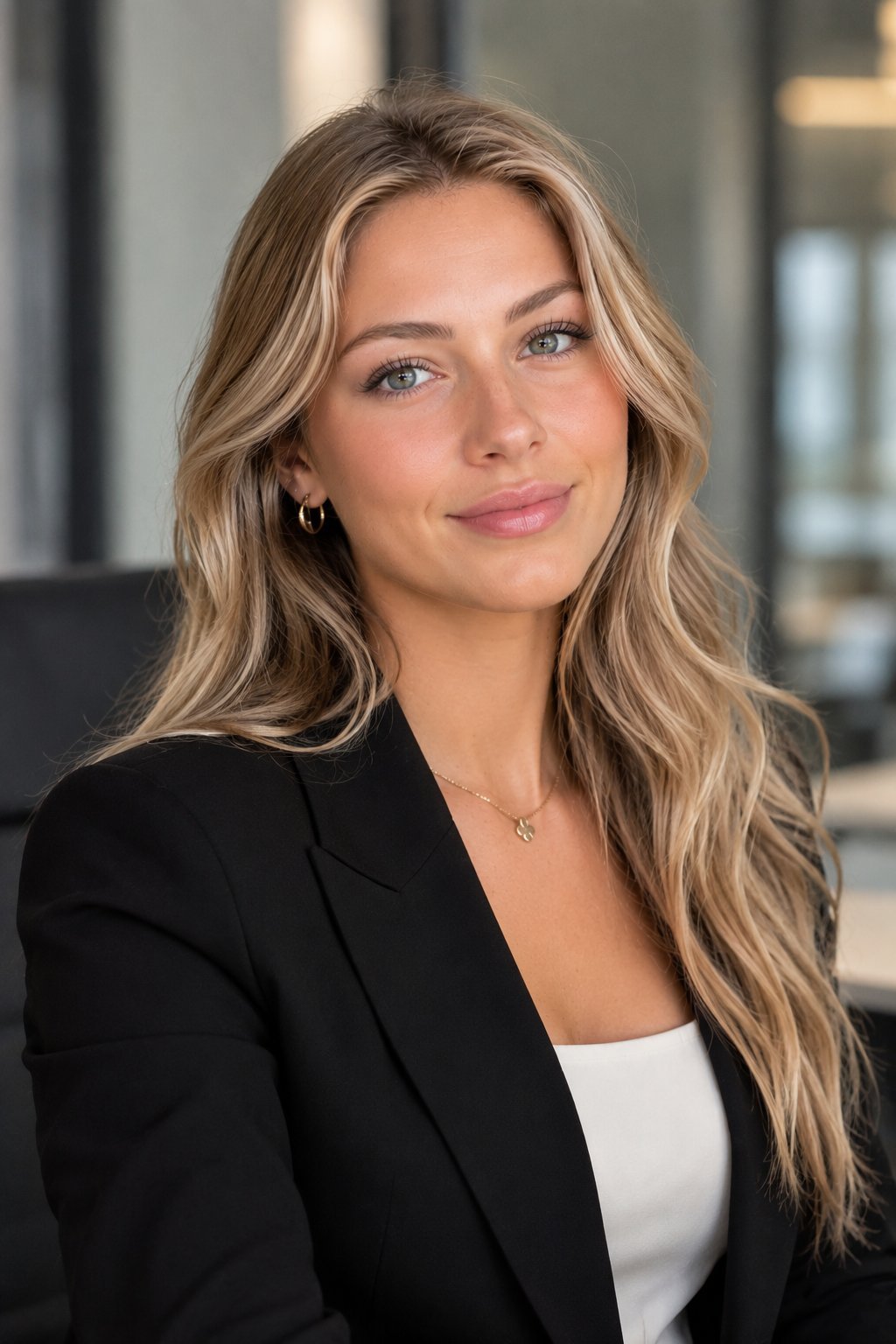 Professional headshot of a woman with long blonde wavy hair wearing a black blazer and white top, smiling at camera indoors